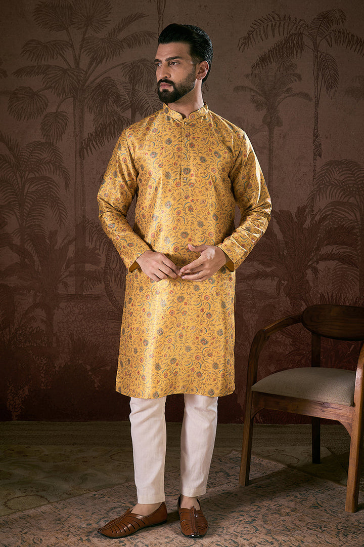 Yellow Silk Blend Floral Printed Straight Kurta For Men | SHOBITAM