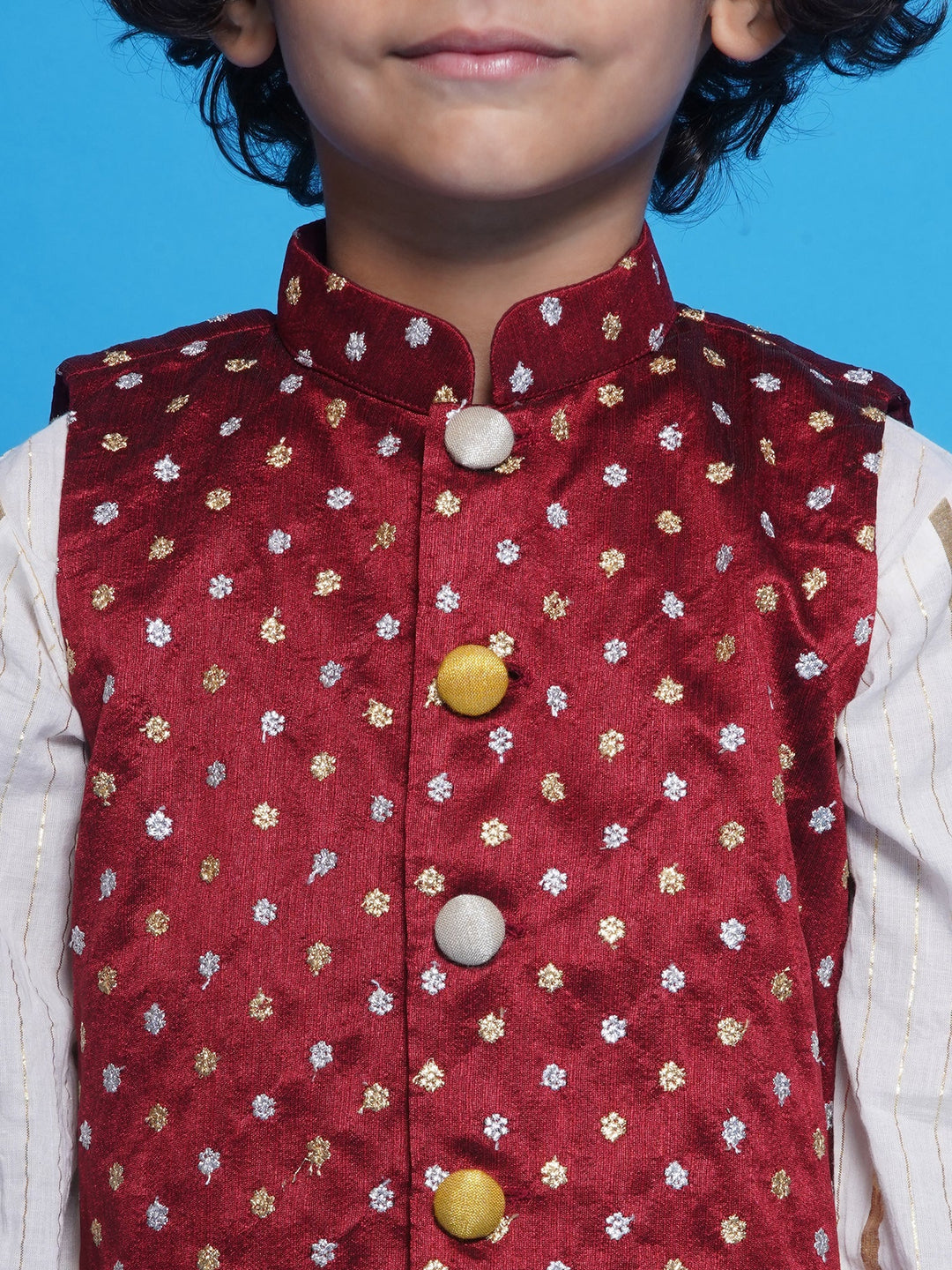 Chand Sitare Nehru Jacket with Cotton Dhoti Kurta - Cream & Maroon | SHOBITAM