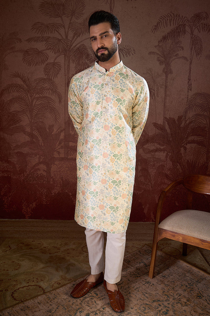 Off White Silk Blend Floral Printed Straight Kurta For Men | SHOBITAM