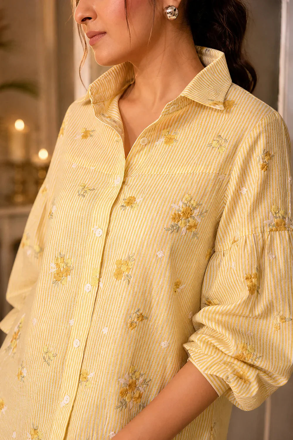 Pastel Yellow Pure Cotton Embriodered Shirt | SHOBITAM