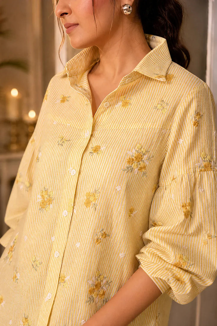 Pastel Yellow Pure Cotton Embriodered Shirt | SHOBITAM
