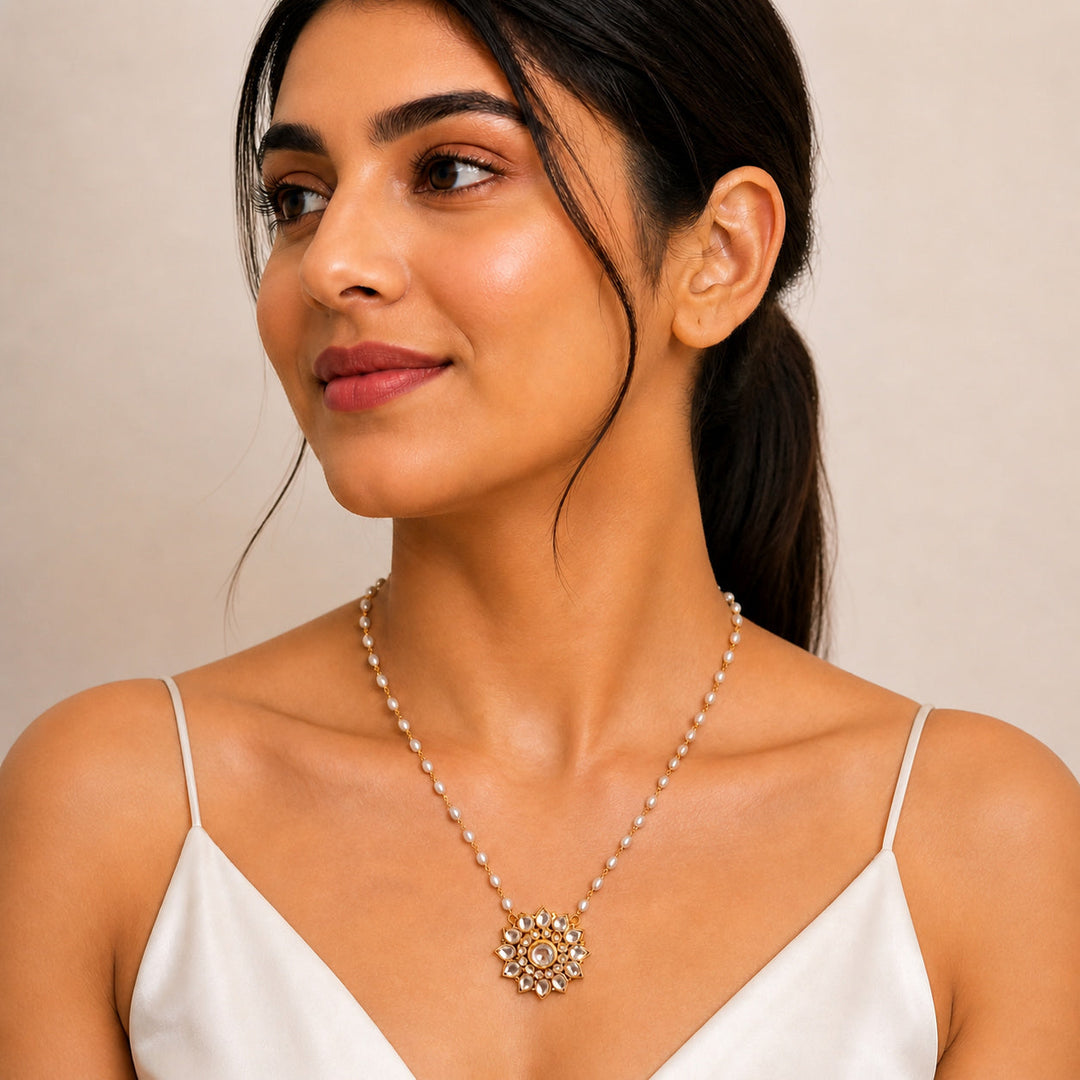 Pearl Beaded Chain Necklace with Kundan Star Flower Pendant | SHOBITAM