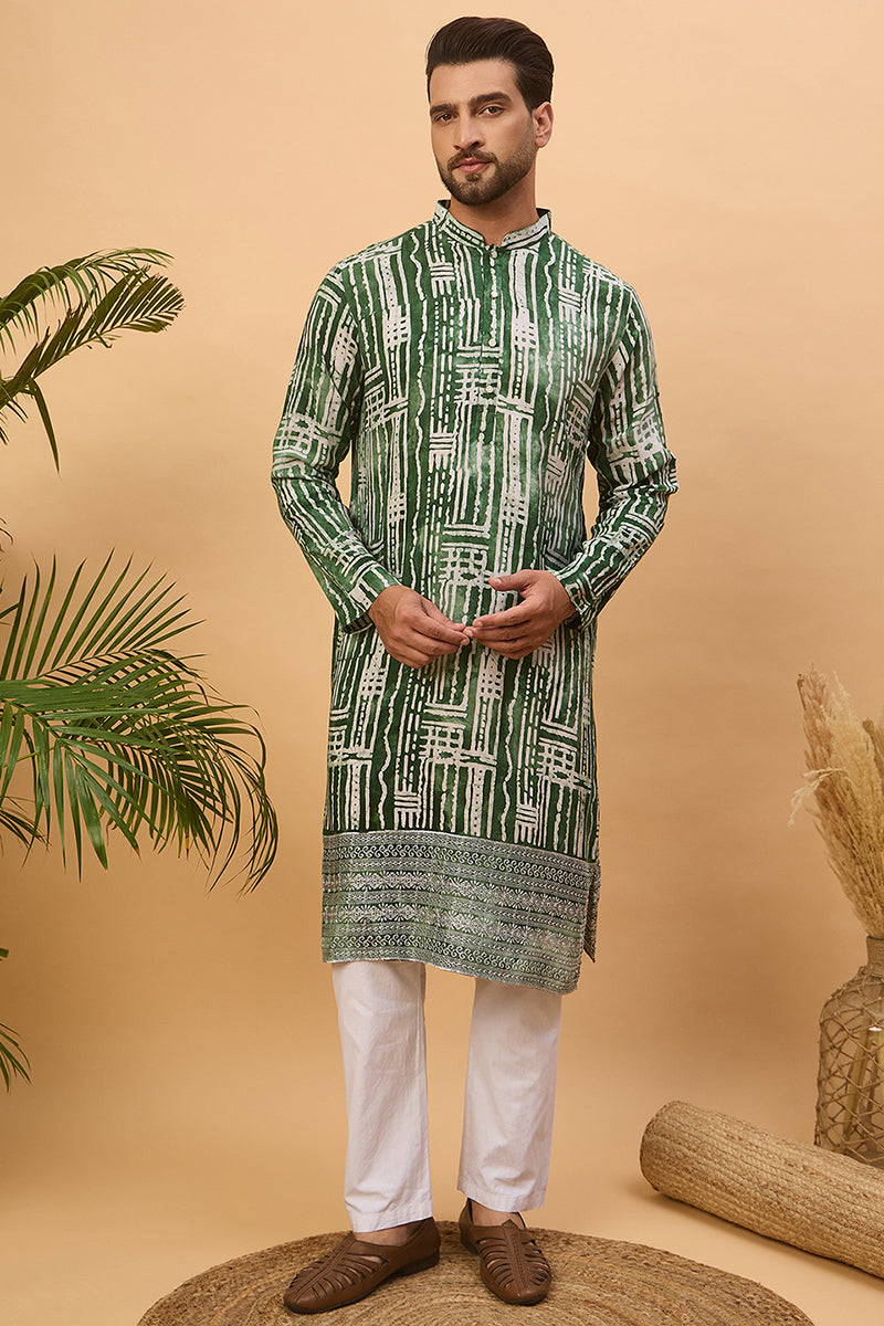 Green Viscose Rayon Batik Embroidered Straight Kurta | SHOBITAM