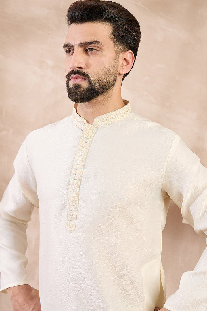 Off White Silk Blend Solid Embroidered Straight Kurta For Men | SHOBITAM