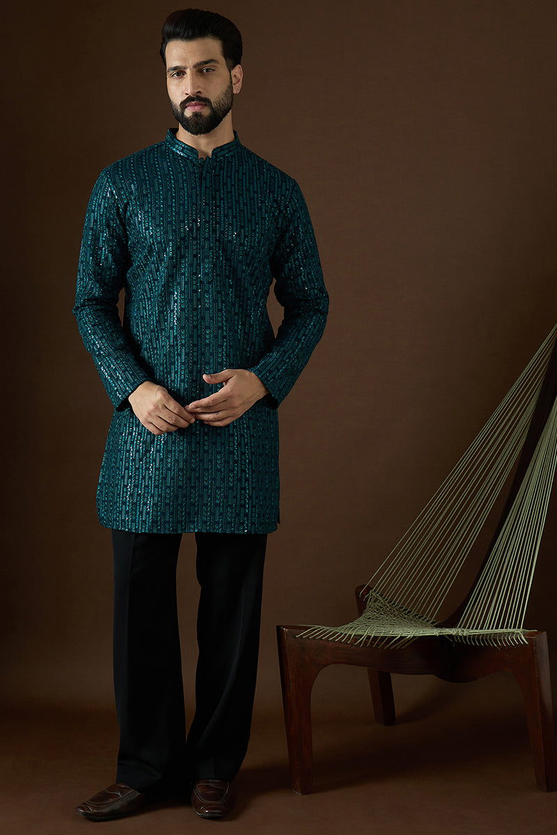 Teal Georgette Solid Embroidered Straight Kurta Sets | SHOBITAM