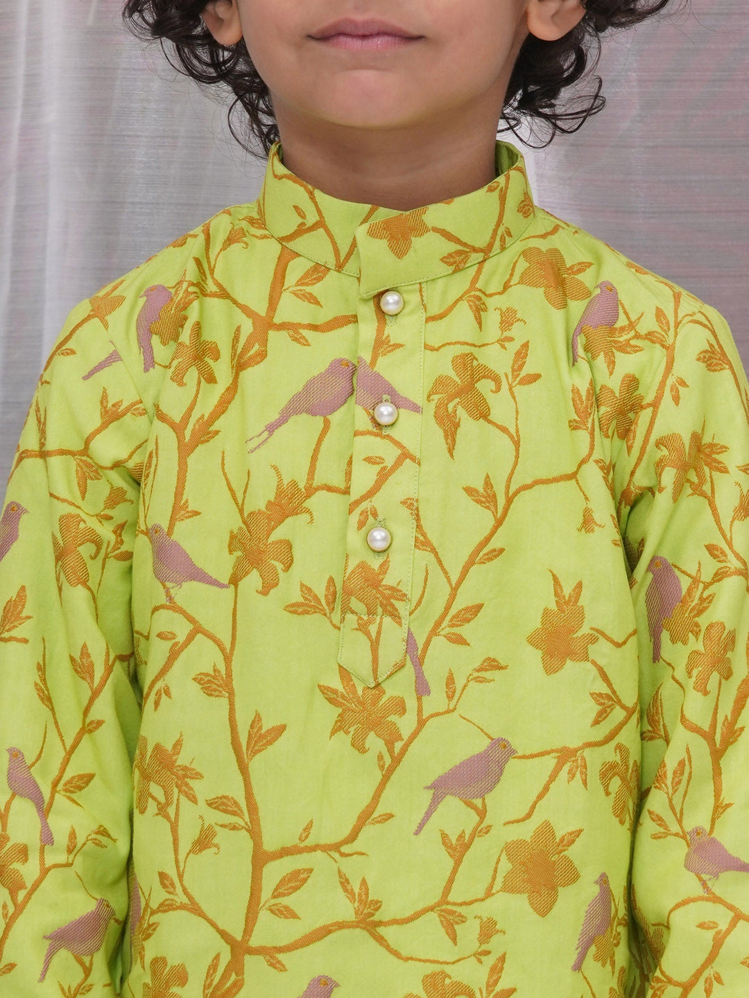 Boys Cotton Full Sleeves Kurta and Dhoti with Floral Bird Thread Embroidery- Green | SHOBITAM