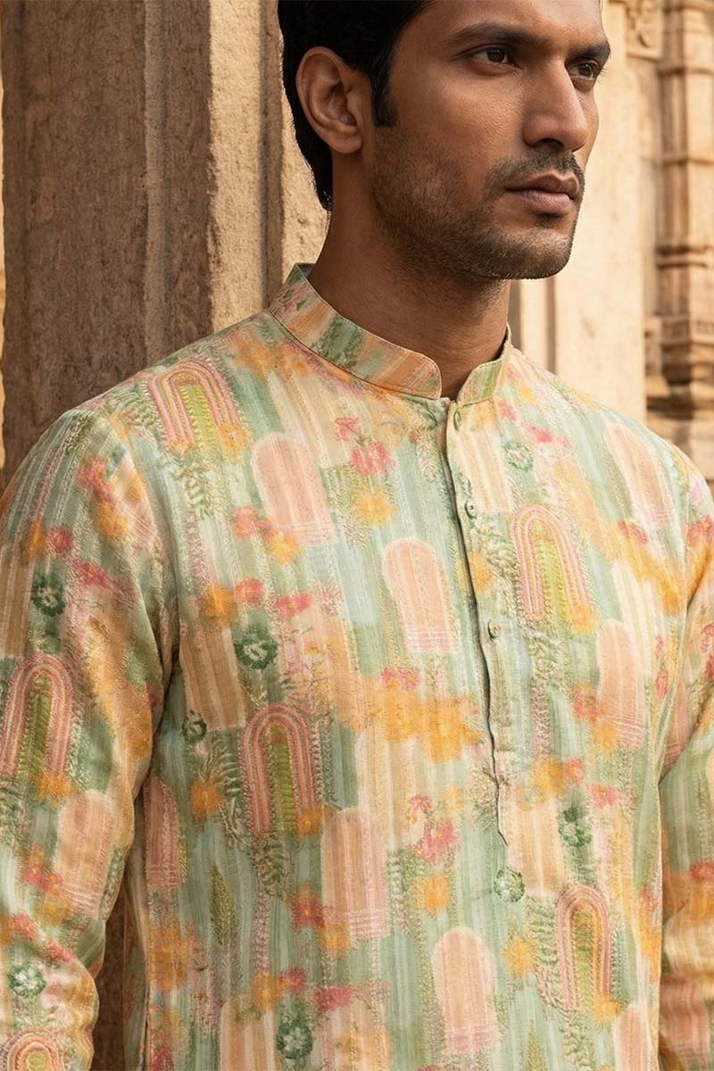 Green Silk Blend Printed Straight Kurta | SHOBITAM