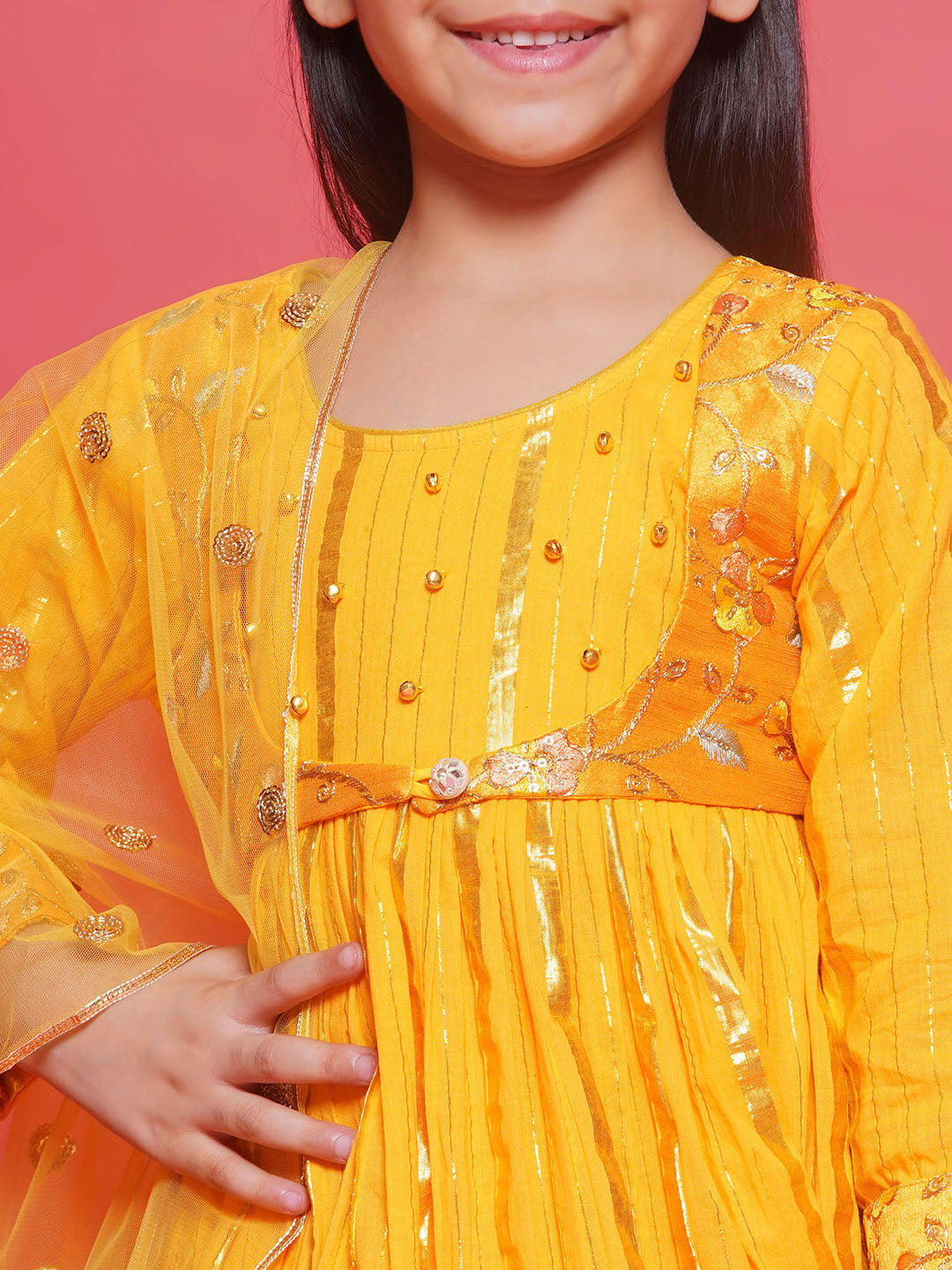 Cotton Three Fourth Sleeves Floral Embroidery Kurta Sharara with Jacket and Dupatta - Haldi Yellow | SHOBITAM