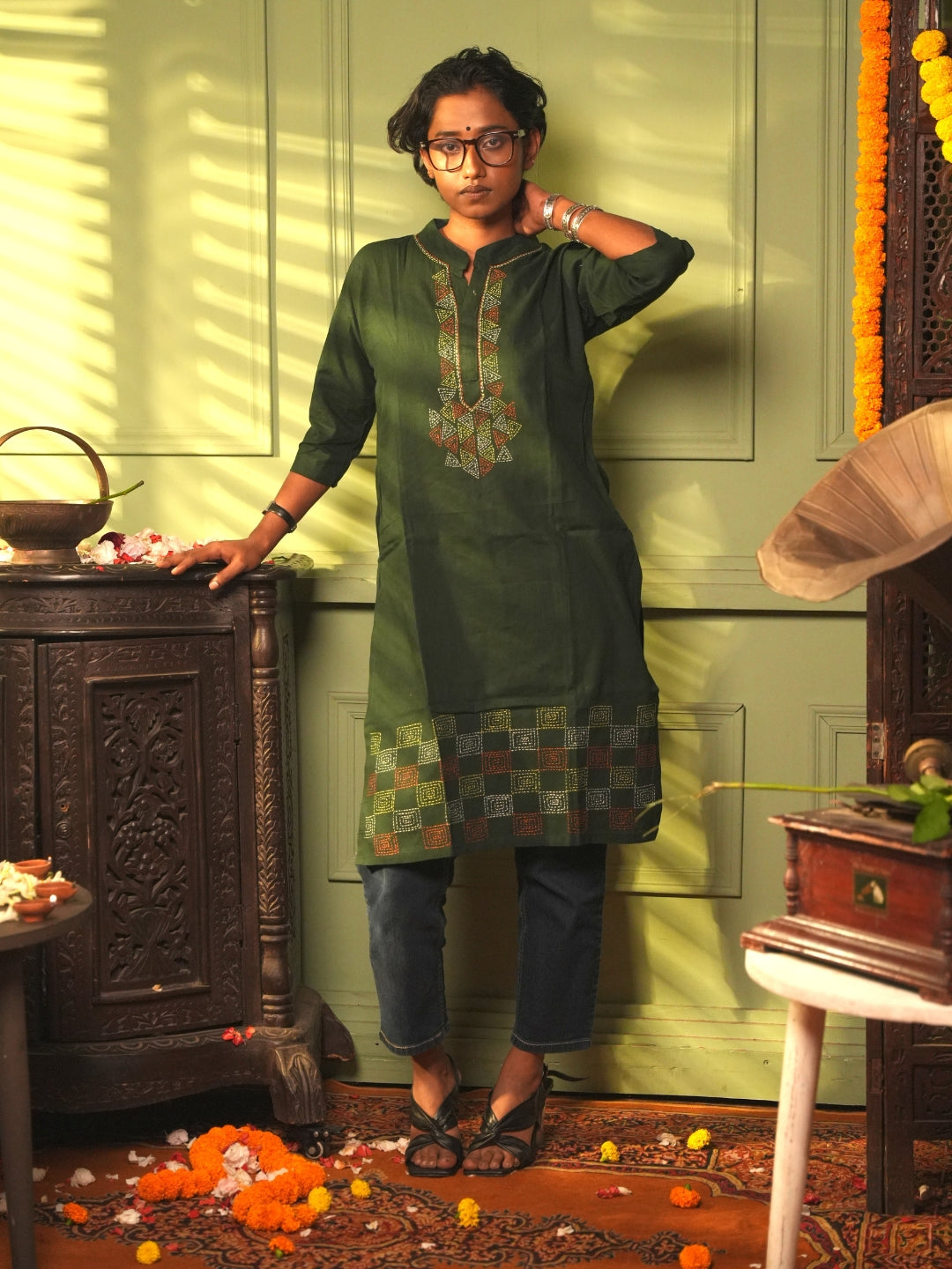 Dark Green Kantha Cotton Kurta | SHOBITAM