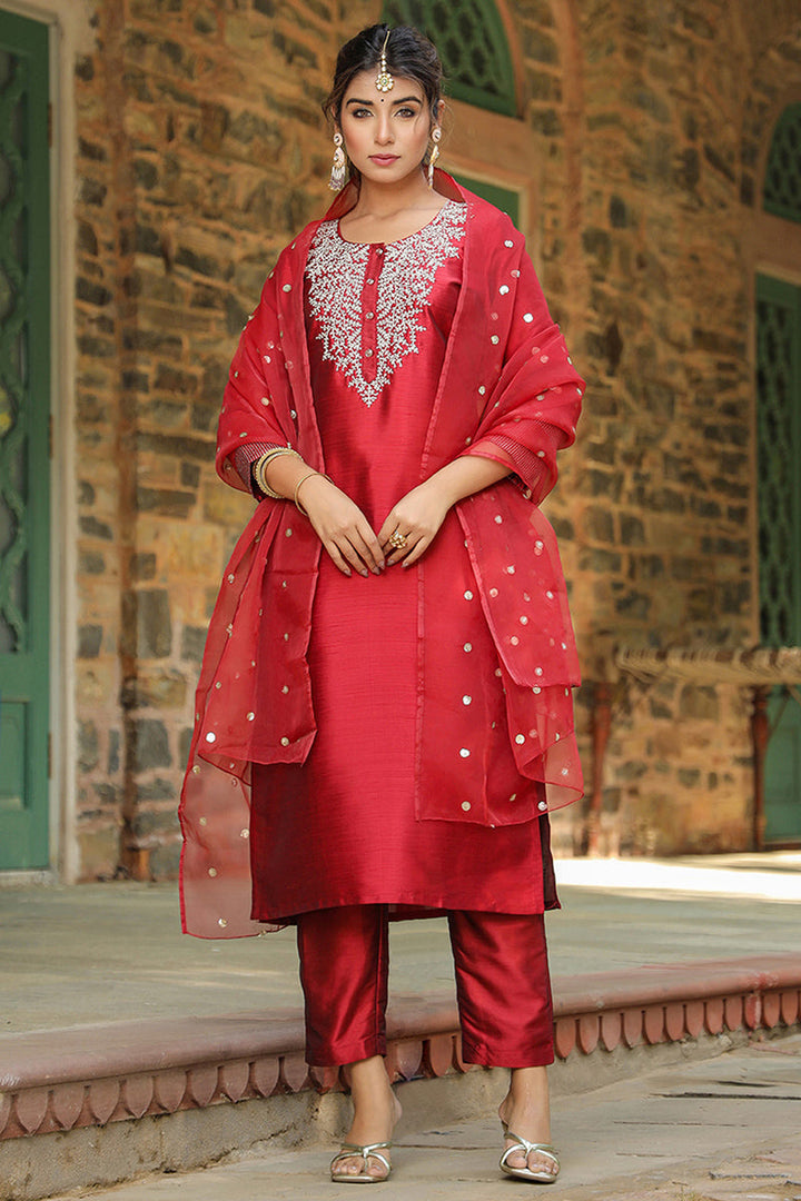 Maroon Poly Silk Solid Yoke Design Kurta Trousers With Dupatta | SHOBITAM