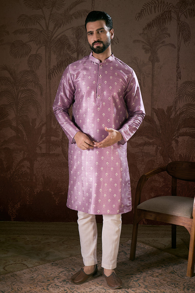 Lavender Silk Blend Floral Printed Straight Kurta With Trouser | SHOBITAM