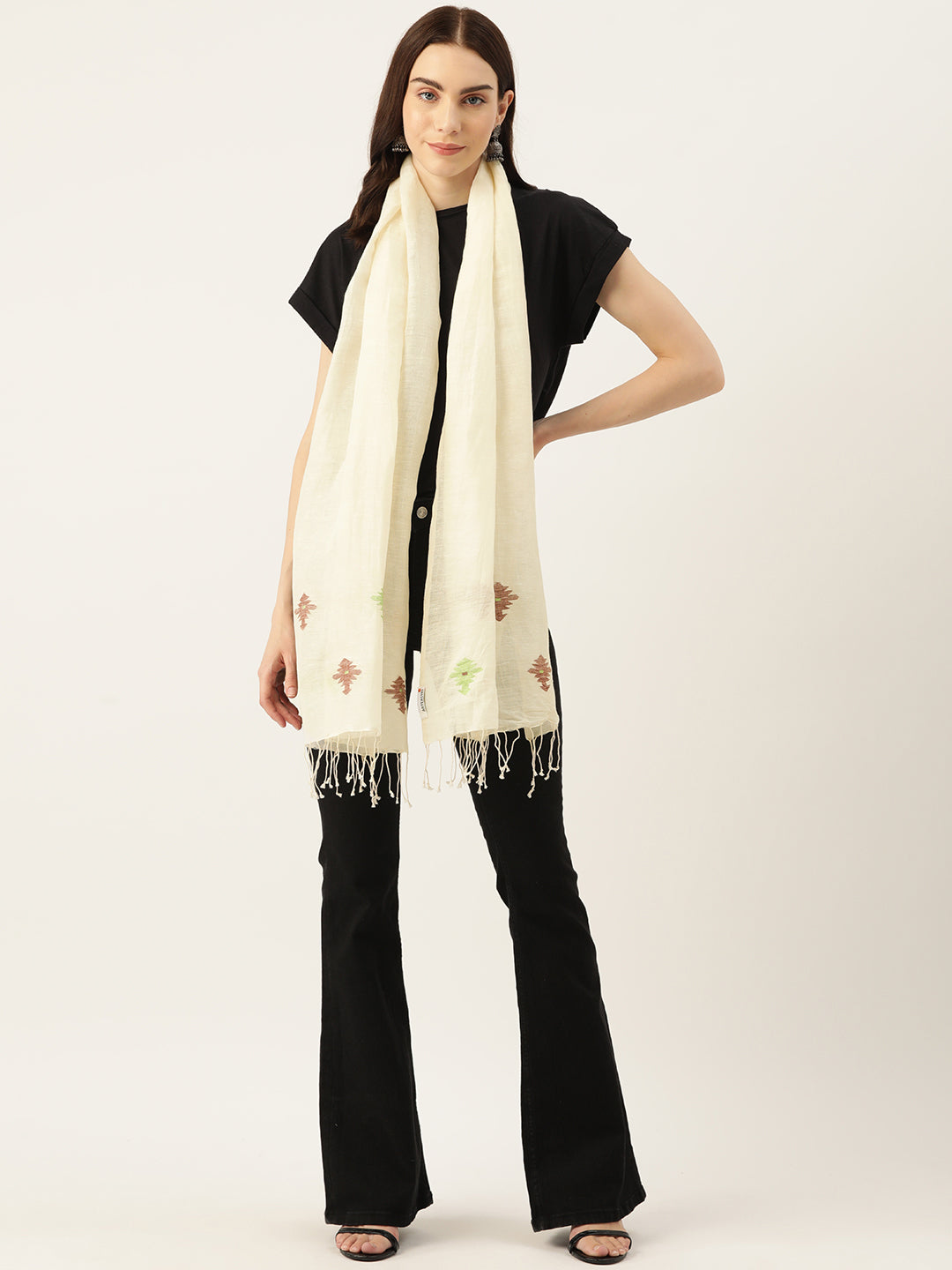 80x24" Cream Handwoven Linen Jamdani Woven Stole | SHOBITAM