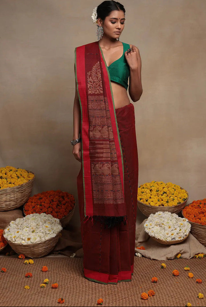 Traditional Maroon Handloom Cotton Kanchi Saree | SHOBITAM