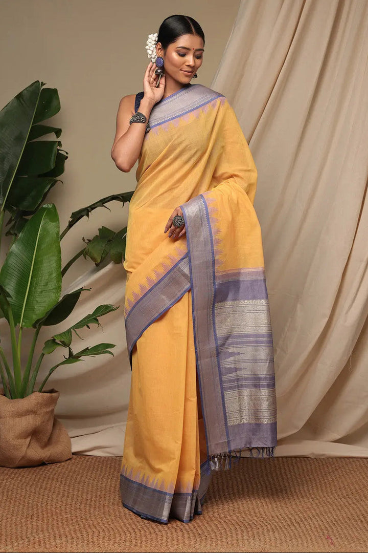 Handloom Butter Yellow Pure Cotton Kanchi Saree With Pure Silk Border And Pallu | SHOBITAM
