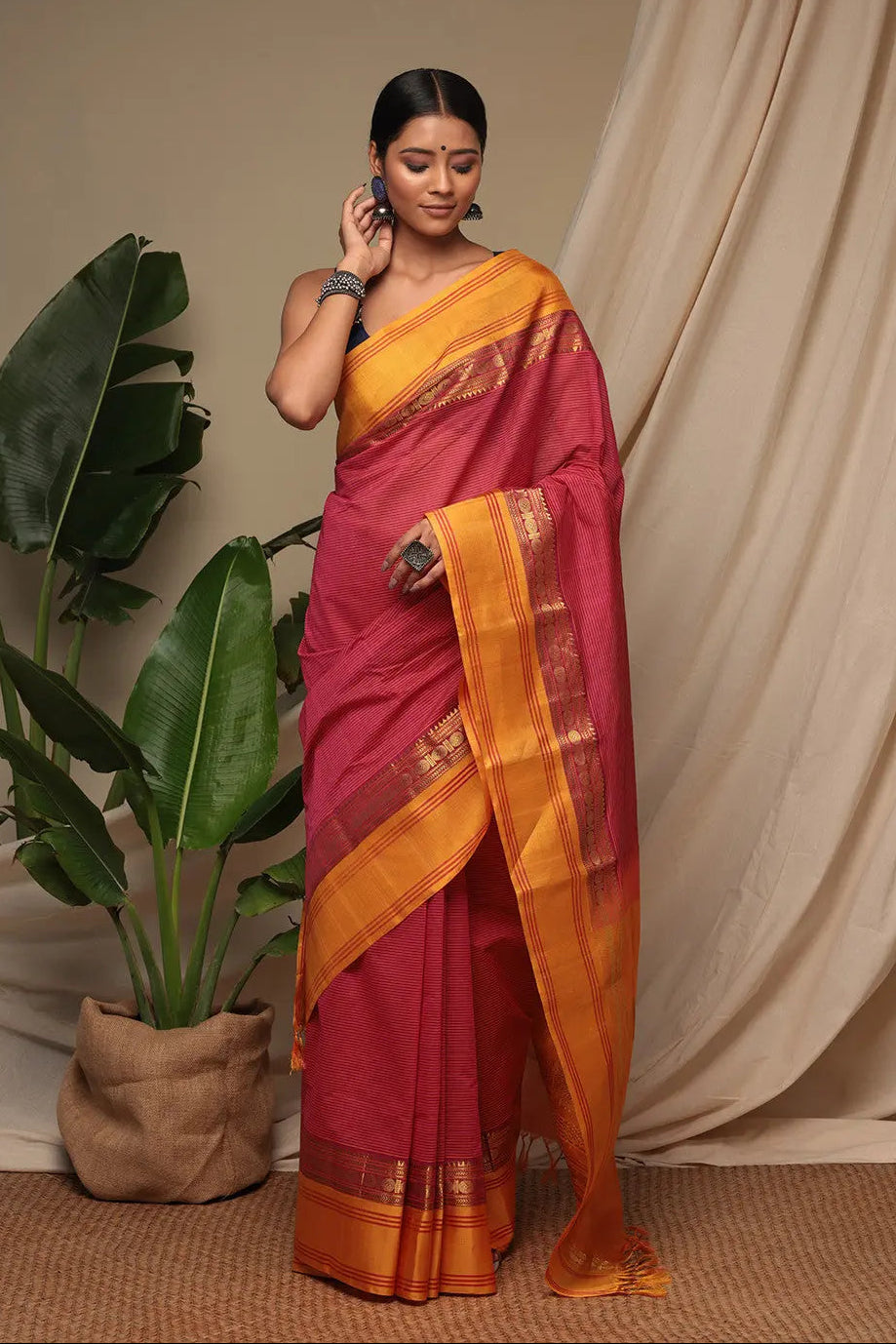 Handloom Candy Red Pure Cotton Kanchi Saree With Pure Silk Border And Pallu | SHOBITAM
