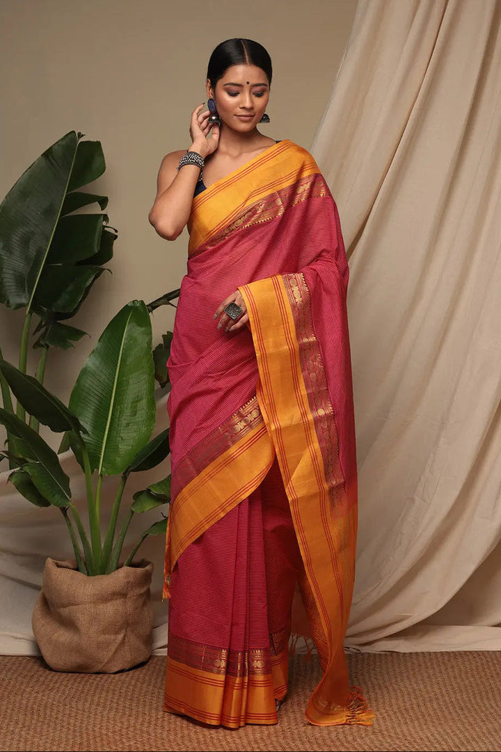 Handloom Candy Red Pure Cotton Kanchi Saree With Pure Silk Border And Pallu | SHOBITAM