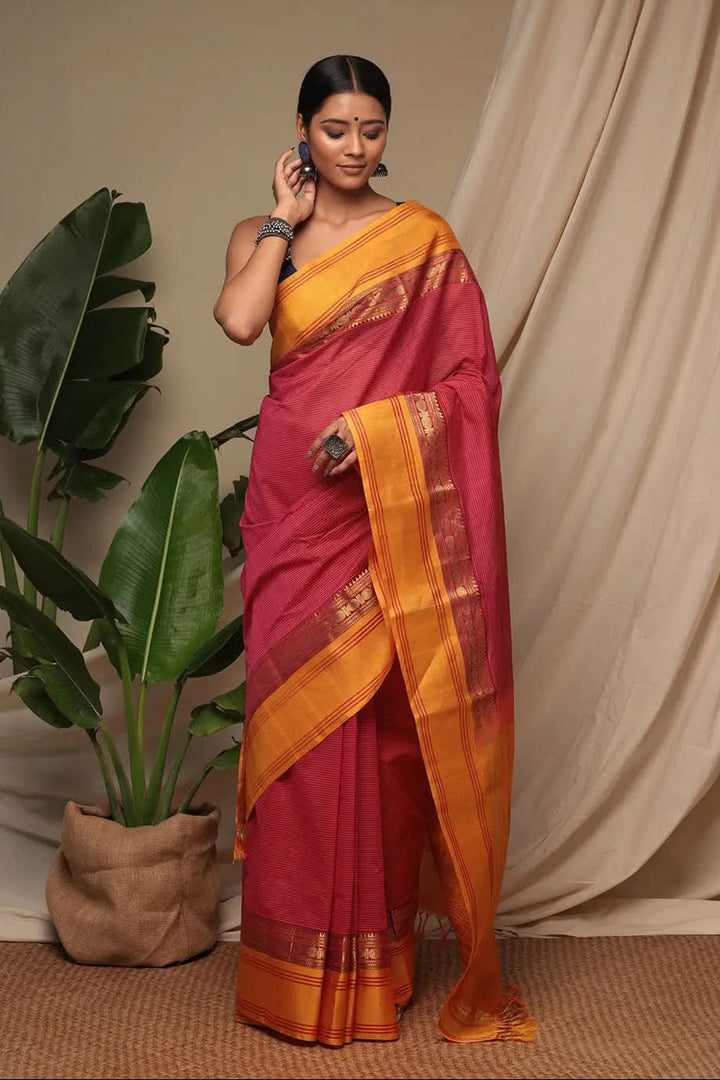 Handloom Candy Red Pure Cotton Kanchi Saree With Pure Silk Border And Pallu | SHOBITAM