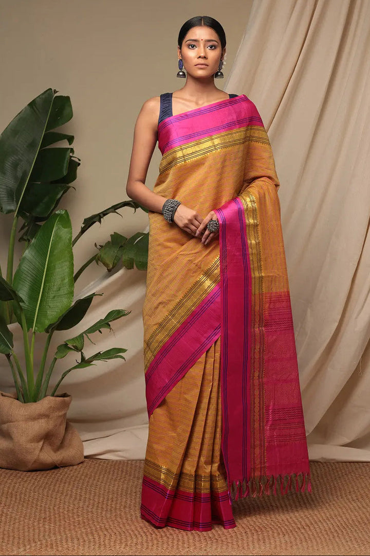Handloom Honey Yellow Pure Cotton Kanchi Saree With Pure Silk Border And Pallu | SHOBITAM