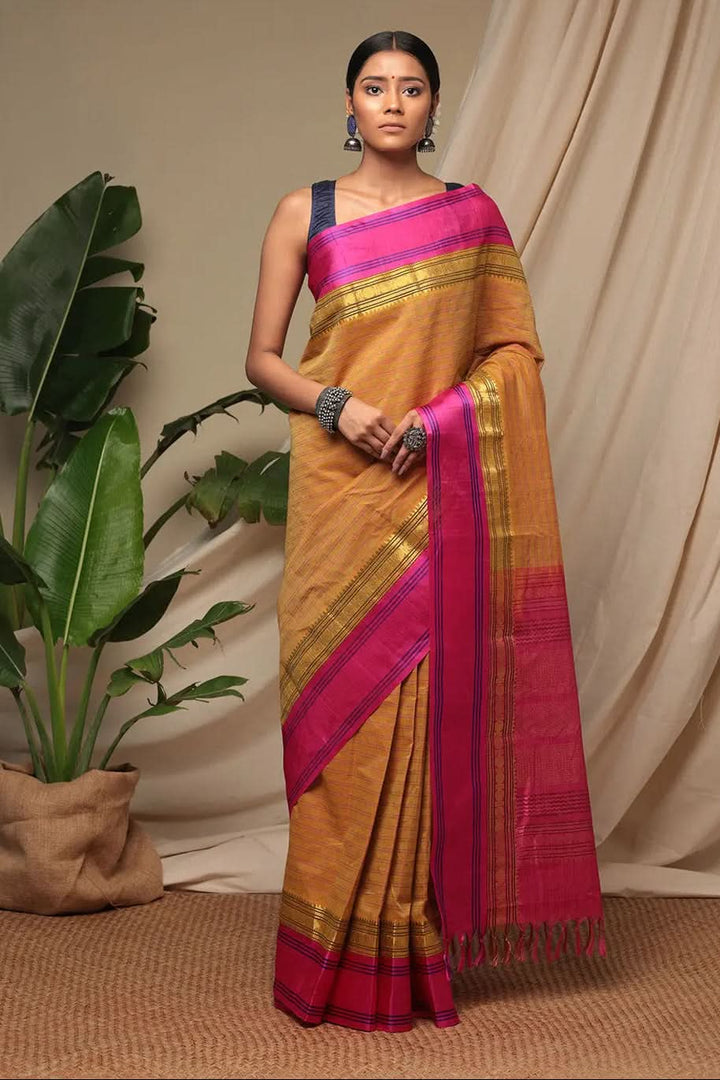 Handloom Honey Yellow Pure Cotton Kanchi Saree With Pure Silk Border And Pallu | SHOBITAM