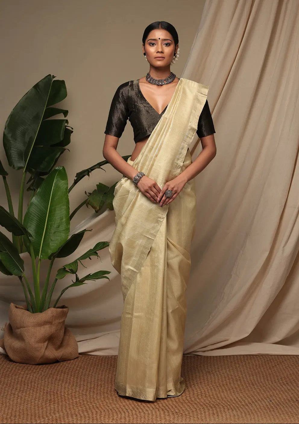 Handloom Almond White Pure Tussar Silk Saree With Zari Border | SILK MARK CERTIFIED | SHOBITAM