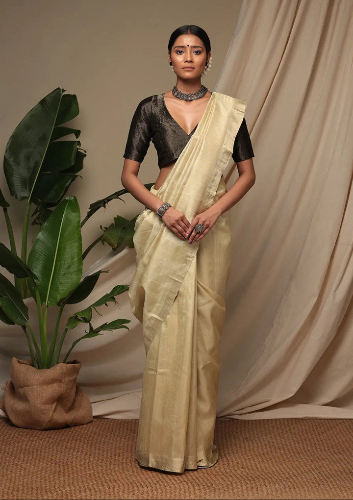 Handloom Almond White Pure Tussar Silk Saree With Zari Border | SILK MARK CERTIFIED | SHOBITAM