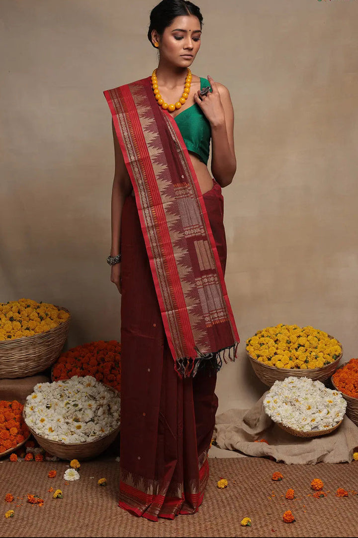 Maroon Handloom Pure Cotton Kanchi Saree | SHOBITAM