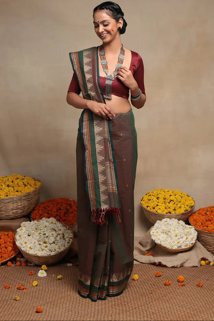 Gray Pure Cotton Kanchi Saree | Shobitam