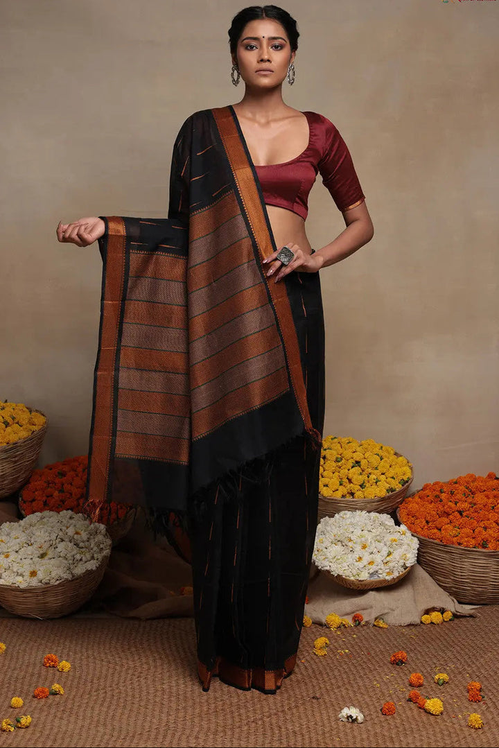 Handloom Black Pure Cotton Kanchi Contemporary Saree | SHOBITAM