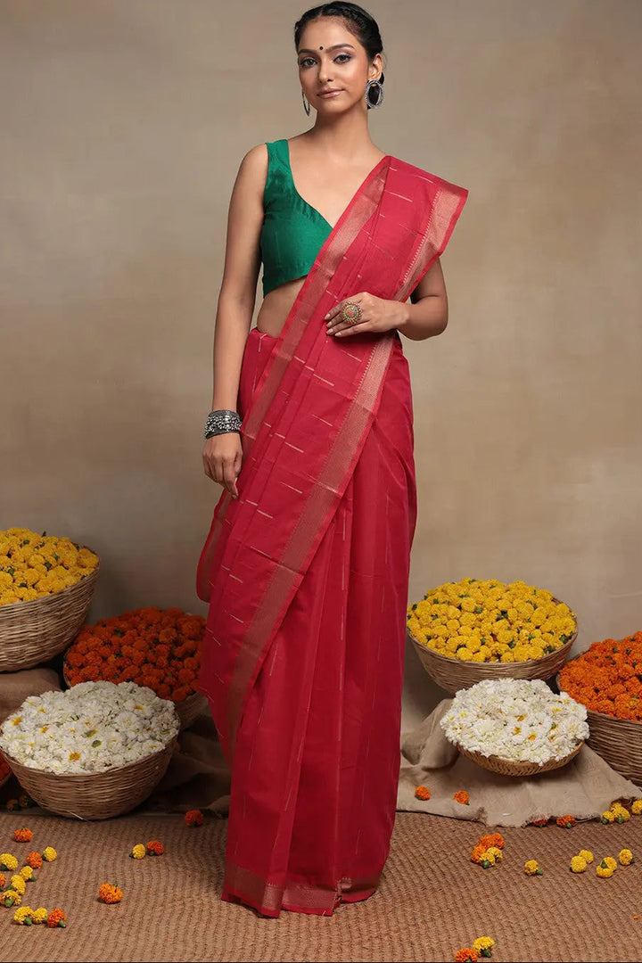Handloom Raspberry Red Pure Cotton Kanchi Saree | SHOBITAM