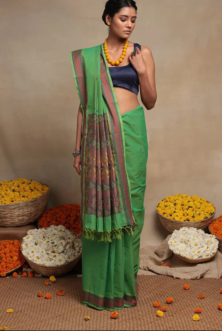 Emerald Green Pure Cotton Saree | SHOBITAM