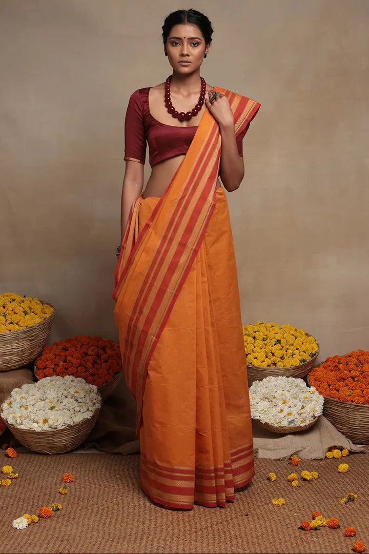 Handloom Atomic Orange Pure Cotton  Saree | SHOBITAM