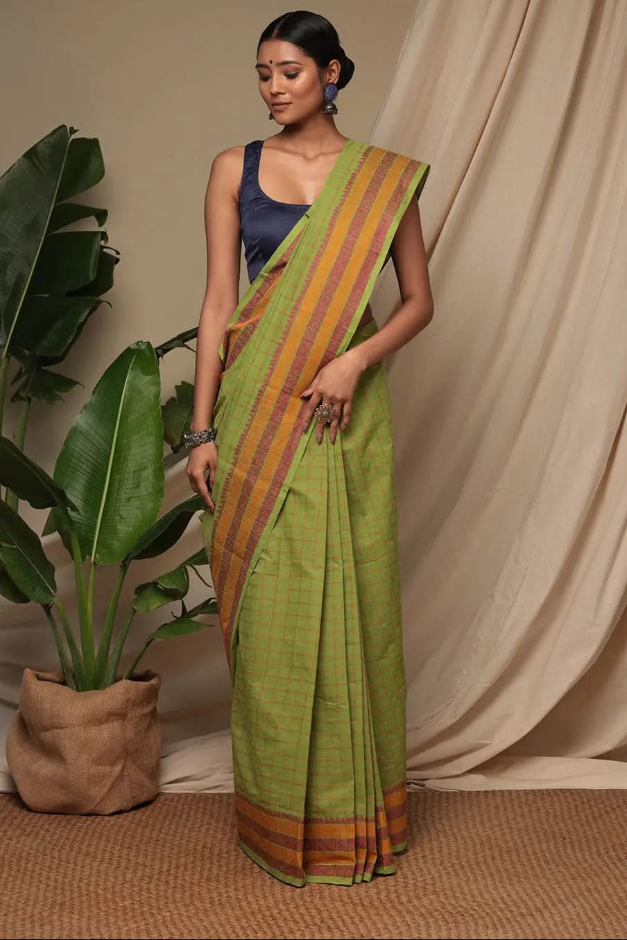Handloom Parrot Green Pure Cotton Kanchi Saree With Generous Border | SHOBITAM