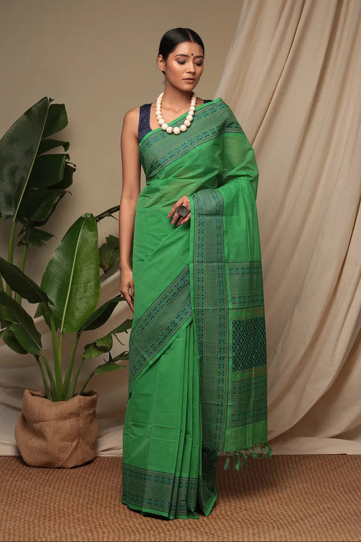 Green Pure Cotton Handloom Kanchi Saree | SHOBITAM