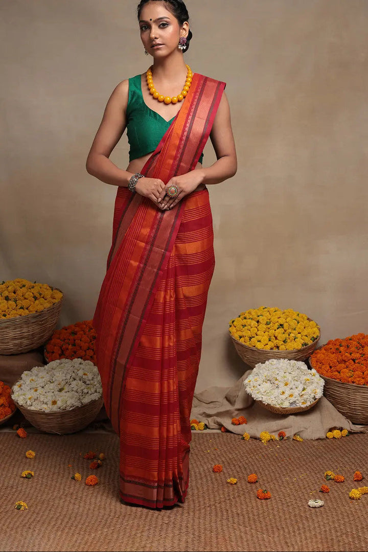 Handloom Orange & Red Pure Cotton Kanchi Saree | SHOBITAM
