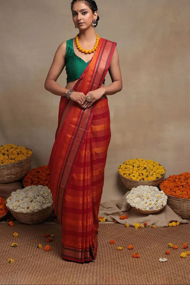 Handloom Orange & Red Pure Cotton Kanchi Saree | SHOBITAM