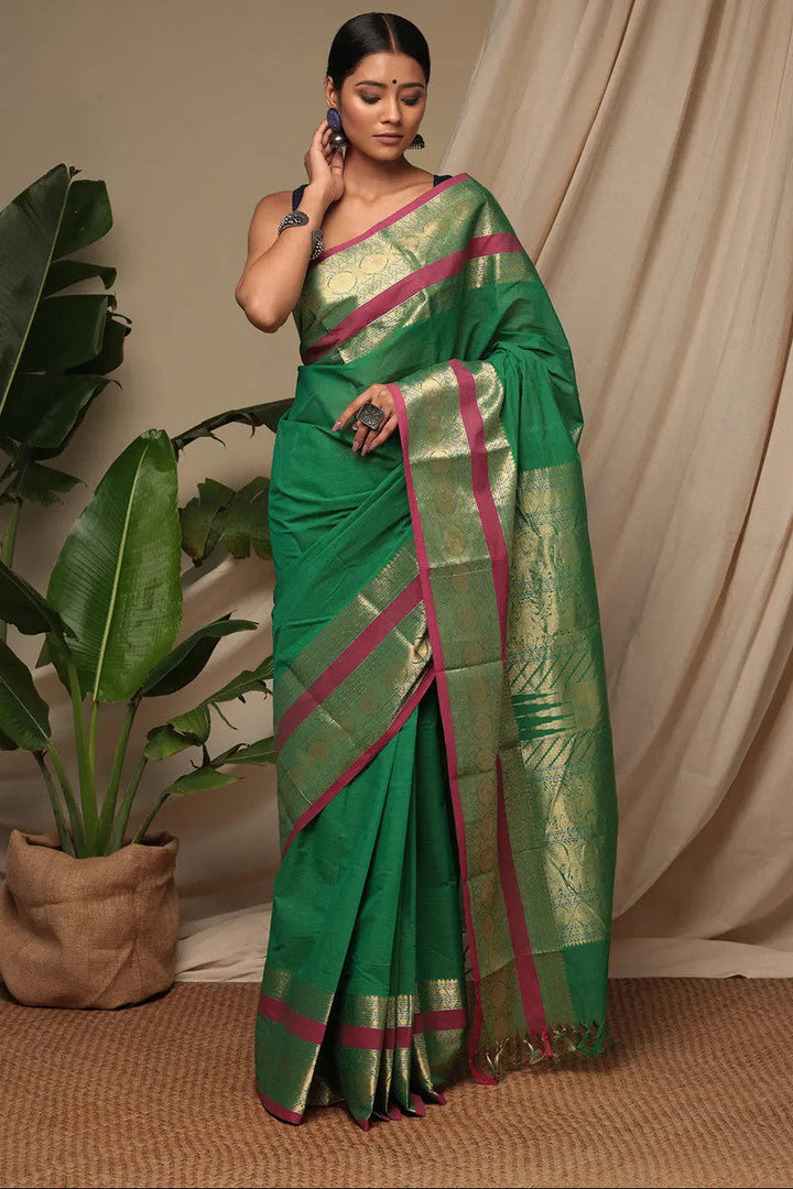 Handloom Forest Green Kanchi Cotton Saree With Exquisite Gold Zari Border & Pallu | SHOBITAM