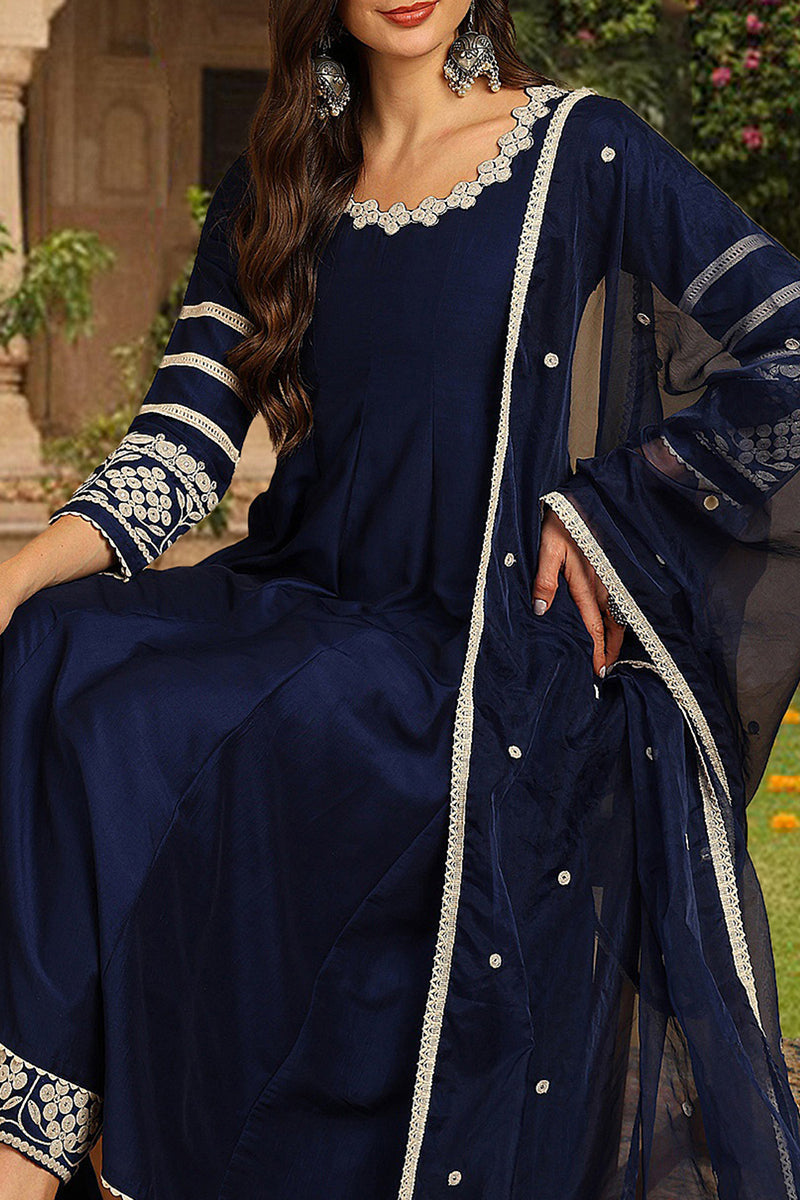 Navy Blue Silk Blend Solid Embroidered Anarkali Suit Set | SHOBITAM