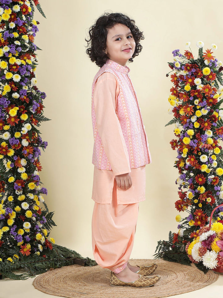 Peach Chevron Nehru Jacket with Cotton Kurta Dhoti Set | SHOBITAM
