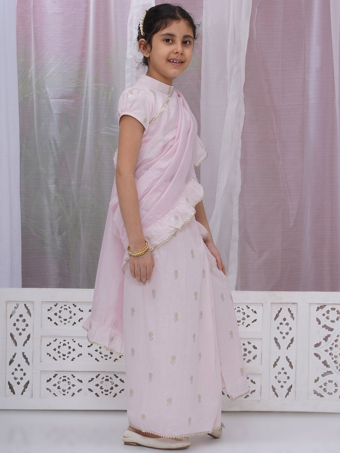 Girls Cotton Puff Sleeves Rose Embroidery Ready to wear Blouse with Ready to wear Chanderi Ruffle Saree - Pink | SHOBITAM