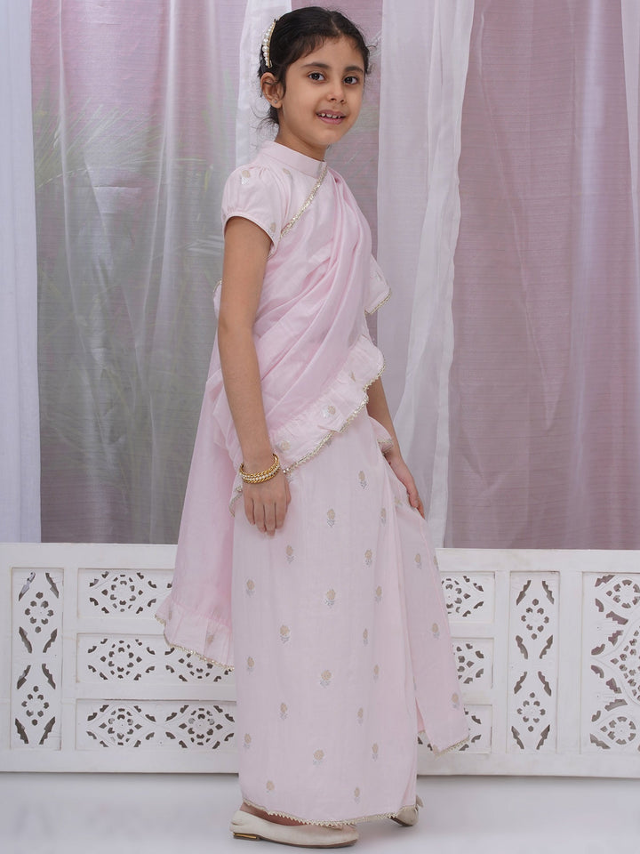 Girls Cotton Puff Sleeves Rose Embroidery Ready to wear Blouse with Ready to wear Chanderi Ruffle Saree - Pink | SHOBITAM