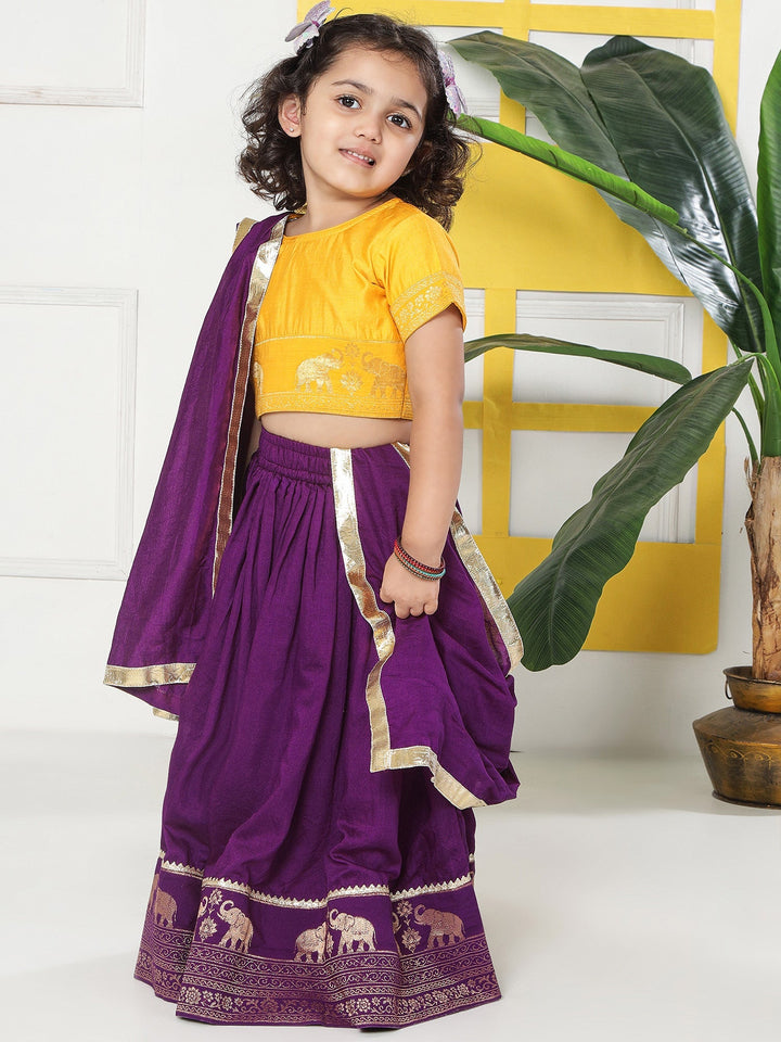 Purple Elephant Zari Embroidery Chanderi Cotton Lehenga with Stitched Yellow Blouse Set | SHOBITAM