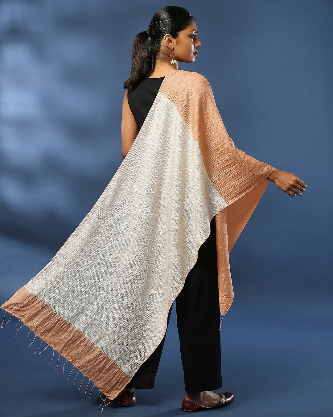 Beige & Cream Hand Woven Pure Silk Shibori Stole