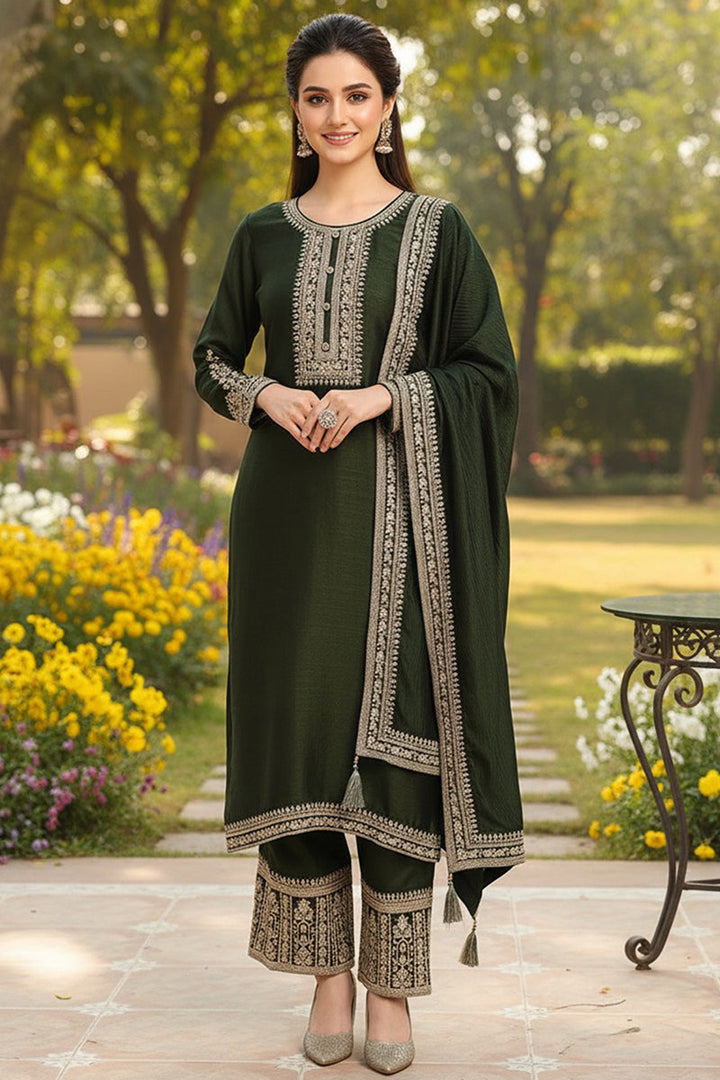 Green Silk Blend Solid Embroidered Straight Style Suit Set | SHOBITAM