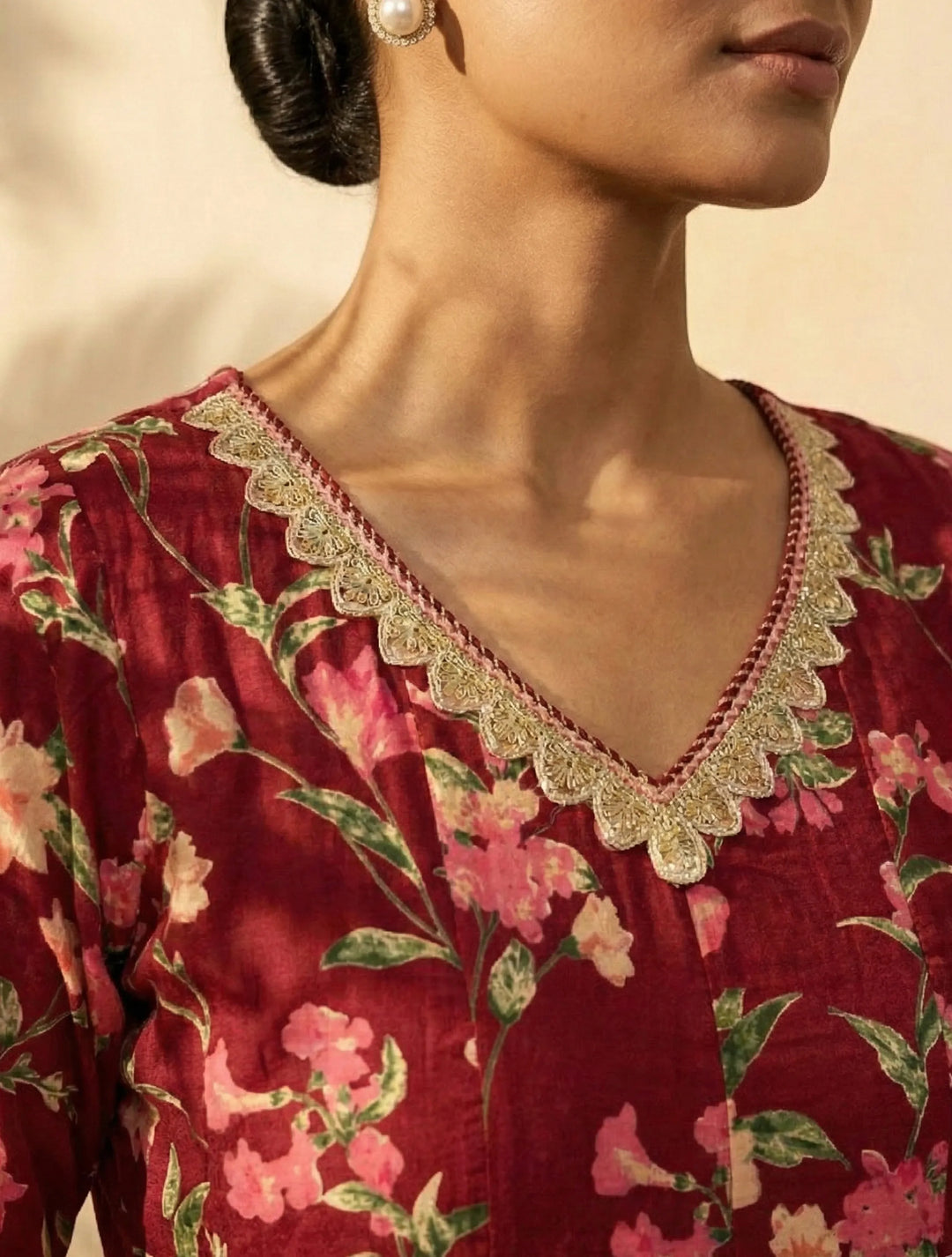 Maroon Floral Print V-Neck Anarkali Kurta Pant Dupatta Set | SHOBITAM