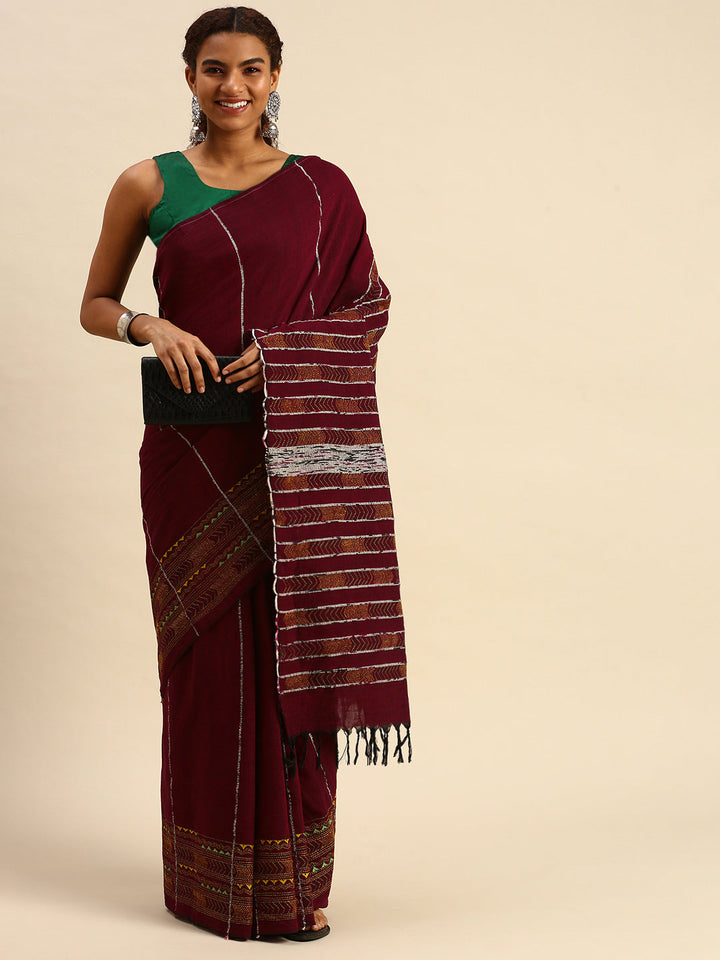Maroon Yellow Khesh Kantha Stitch Cotton Saree | SHOBITAM