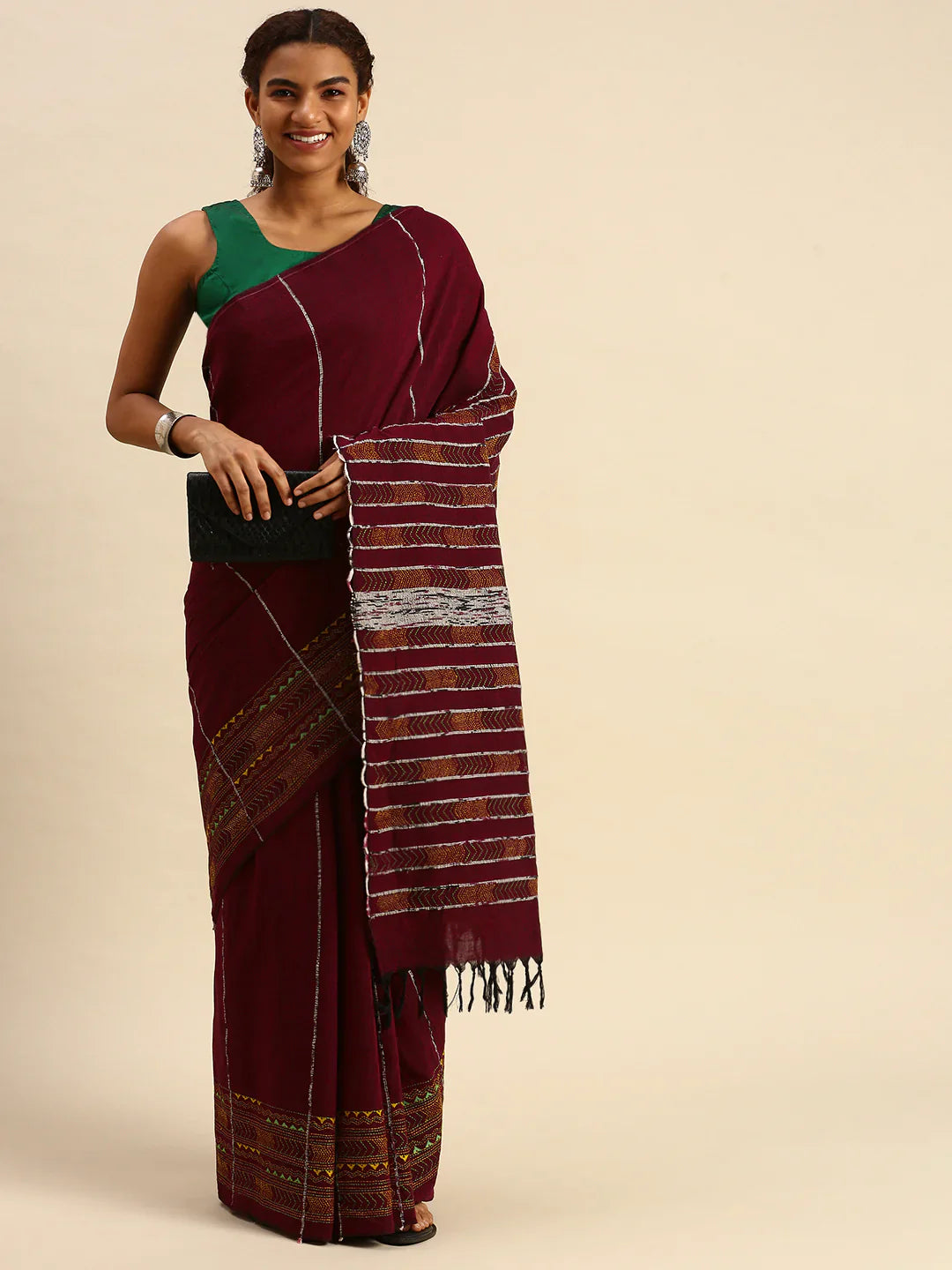 Maroon Yellow Khesh Kantha Stitch Cotton Saree