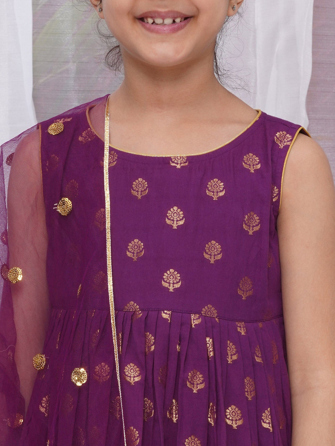Girls Cotton Sleeveless Frock Style Kurta with Sharara and Dupatta with Golden Floral Zari Work - Purple| SHOBITAM