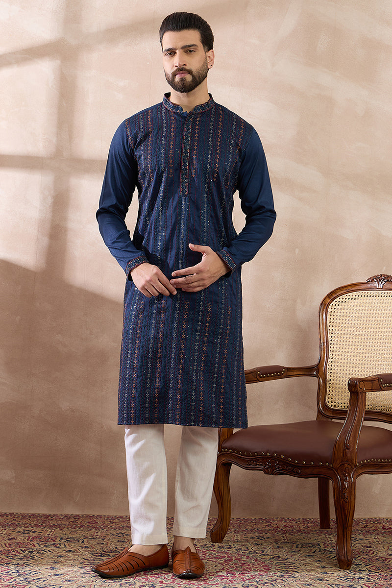 Navy Blue Silk Blend Embroidered Mandarin Collar Straight Kurta For Men | SHOBITAM
