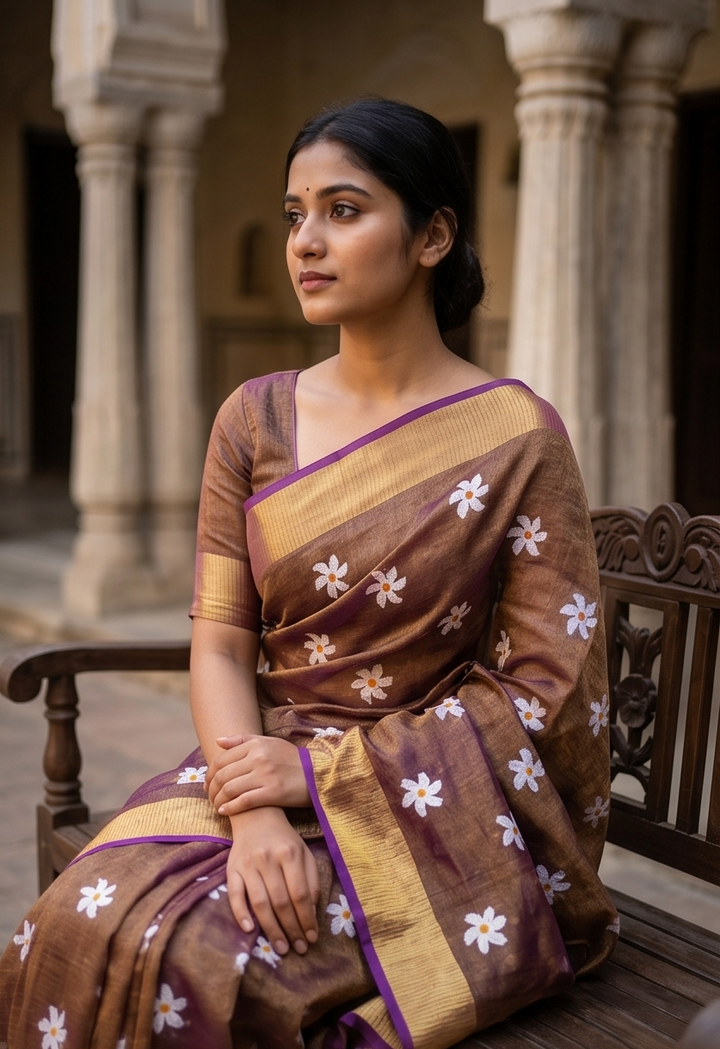 Parijaat Flower Embroidery Tissue Linen Saree in Purple | Shobitam saree