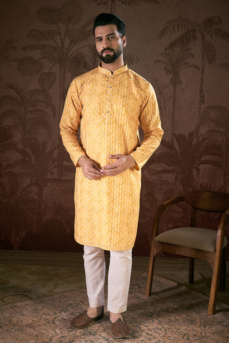Yellow Silk Blend Ethnic Motifs Printed Straight Kurta With Trouser | SHOBITAM
